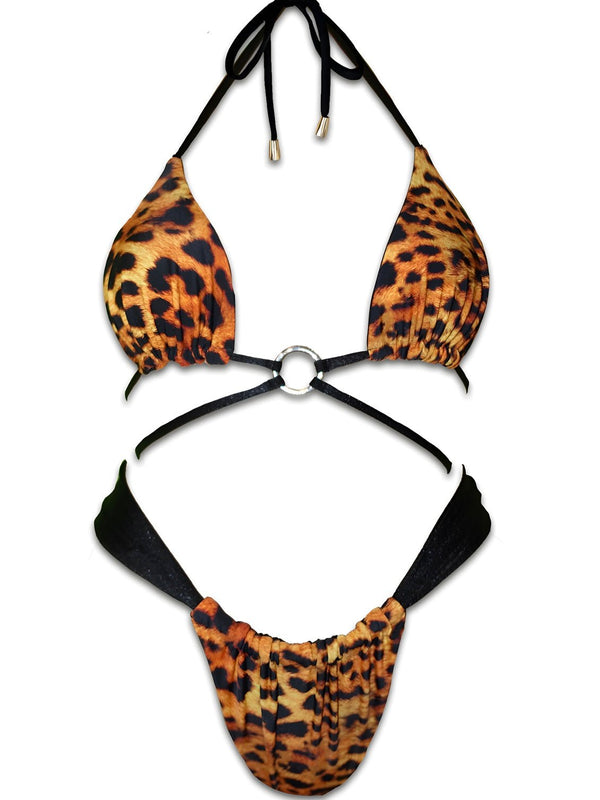 Leopard print reversible bikini set with black straps and metal ring accent