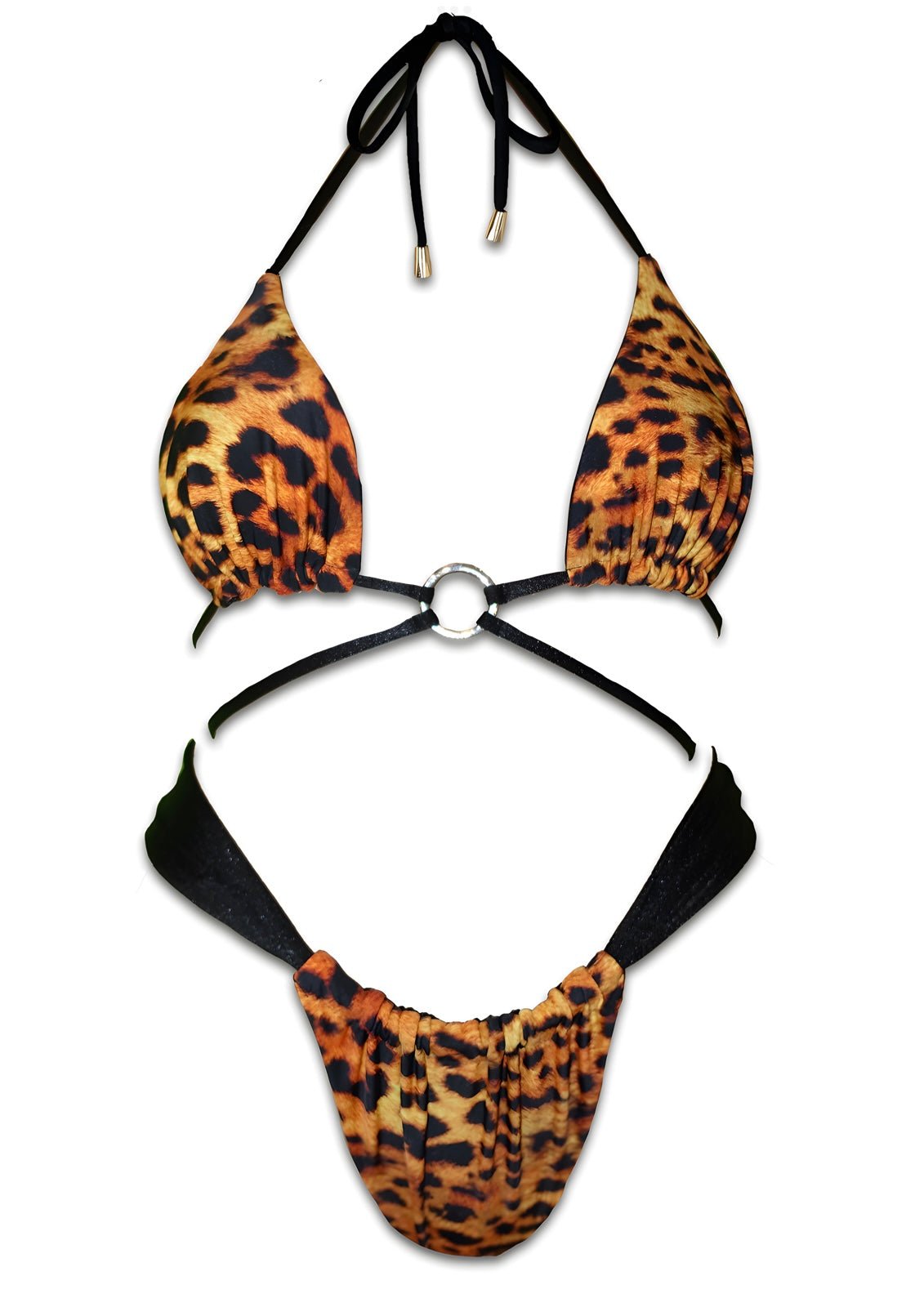 Leopard print reversible bikini set with black straps and metal ring accent