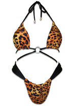 Leopard print reversible bikini set with black straps and metal ring accent