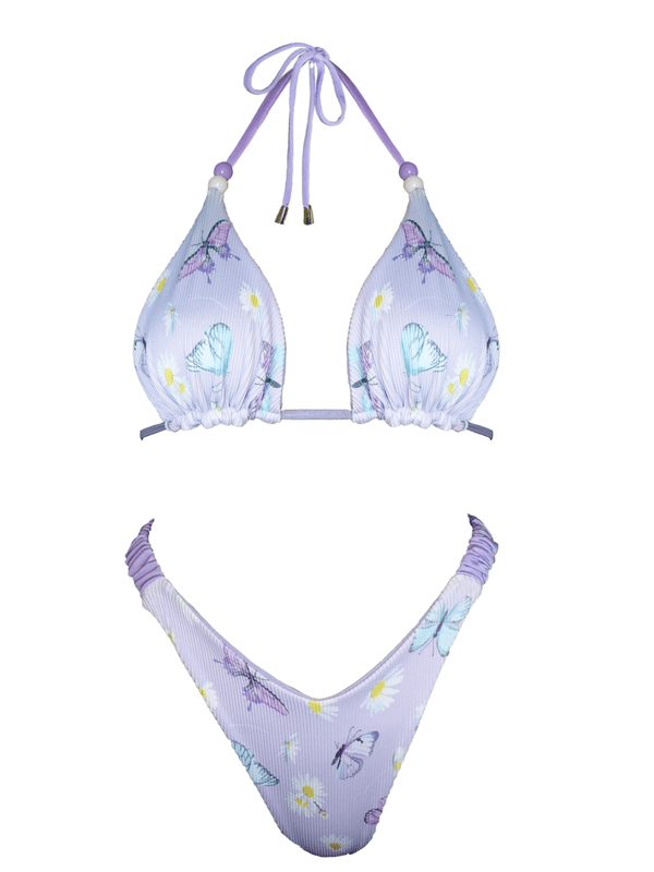 Lavender butterfly print bikini set with daisy flowers and beaded tie straps, handmade swimwear
