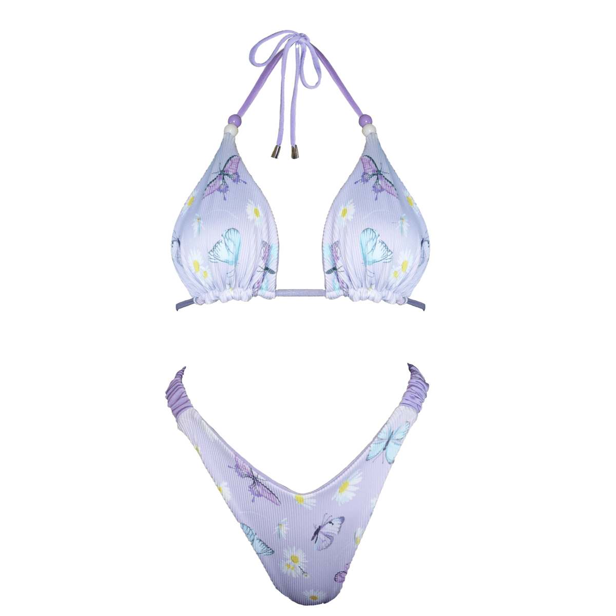 Lavender butterfly print bikini set with daisy flowers and beaded tie straps, handmade swimwear
