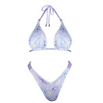 Lavender butterfly print bikini set with daisy flowers and beaded tie straps, handmade swimwear