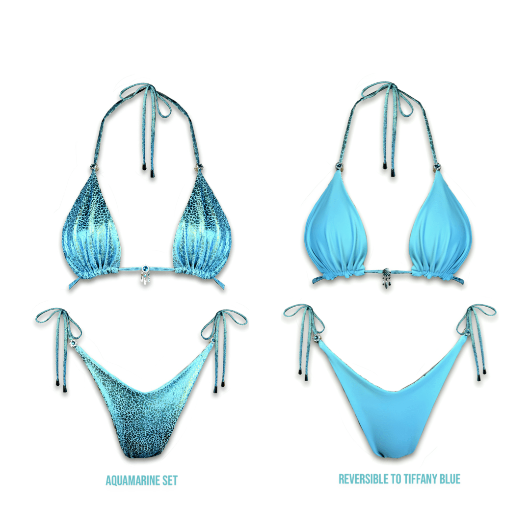 Reversible aquamarine and Tiffany blue handmade bikini set with beaded accents