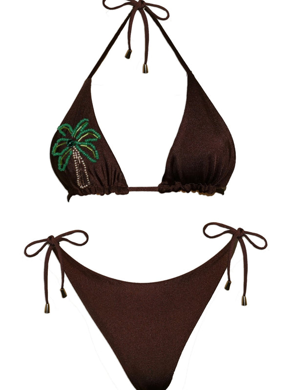Brown handmade bikini set with beaded palm tree design and adjustable string ties