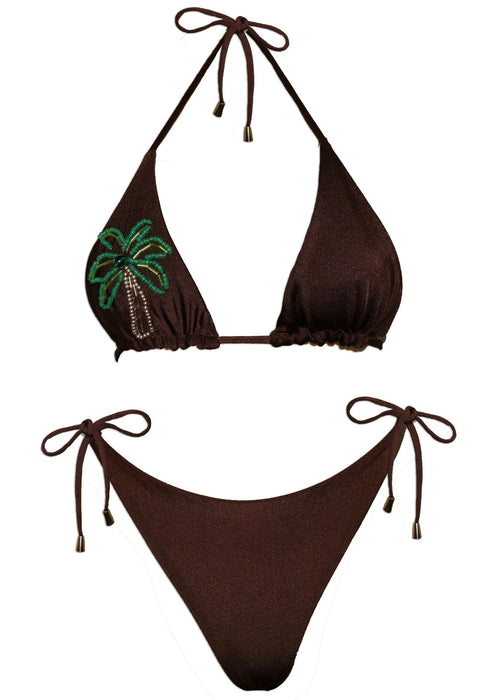 Brown handmade bikini set with beaded palm tree design and adjustable string ties