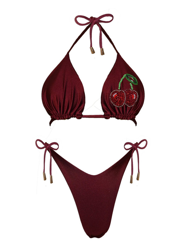 Handmade burgundy bikini set with cherry beaded detail and adjustable tie straps