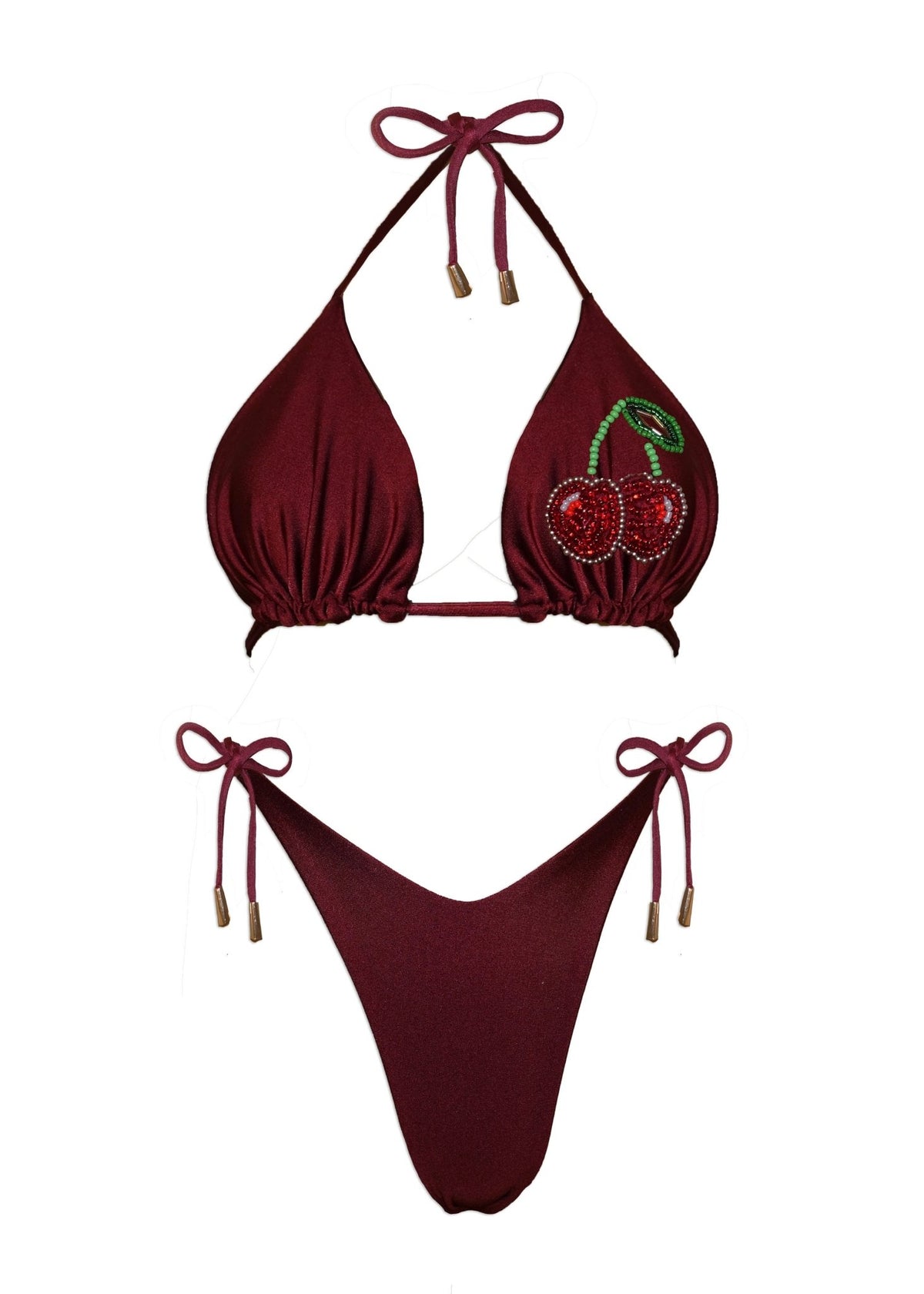 Handmade burgundy bikini set with cherry beaded detail and adjustable tie straps