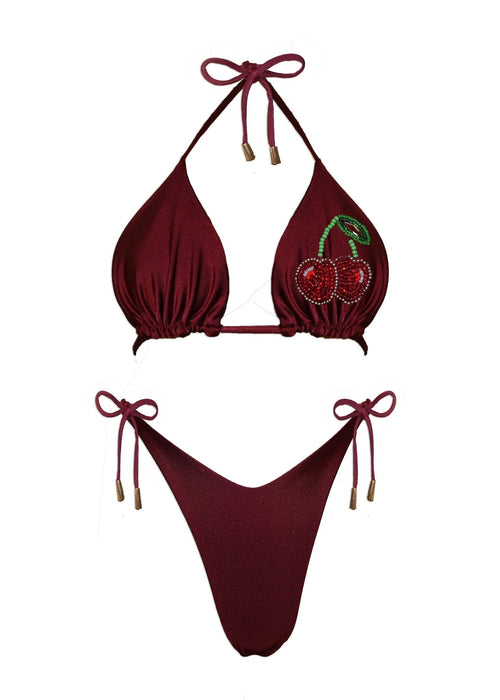 Handmade burgundy bikini set with cherry beaded detail and adjustable tie straps