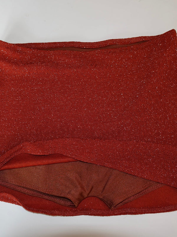 Handmade high-waisted red glitter bikini bottom, reversible swimwear on white background