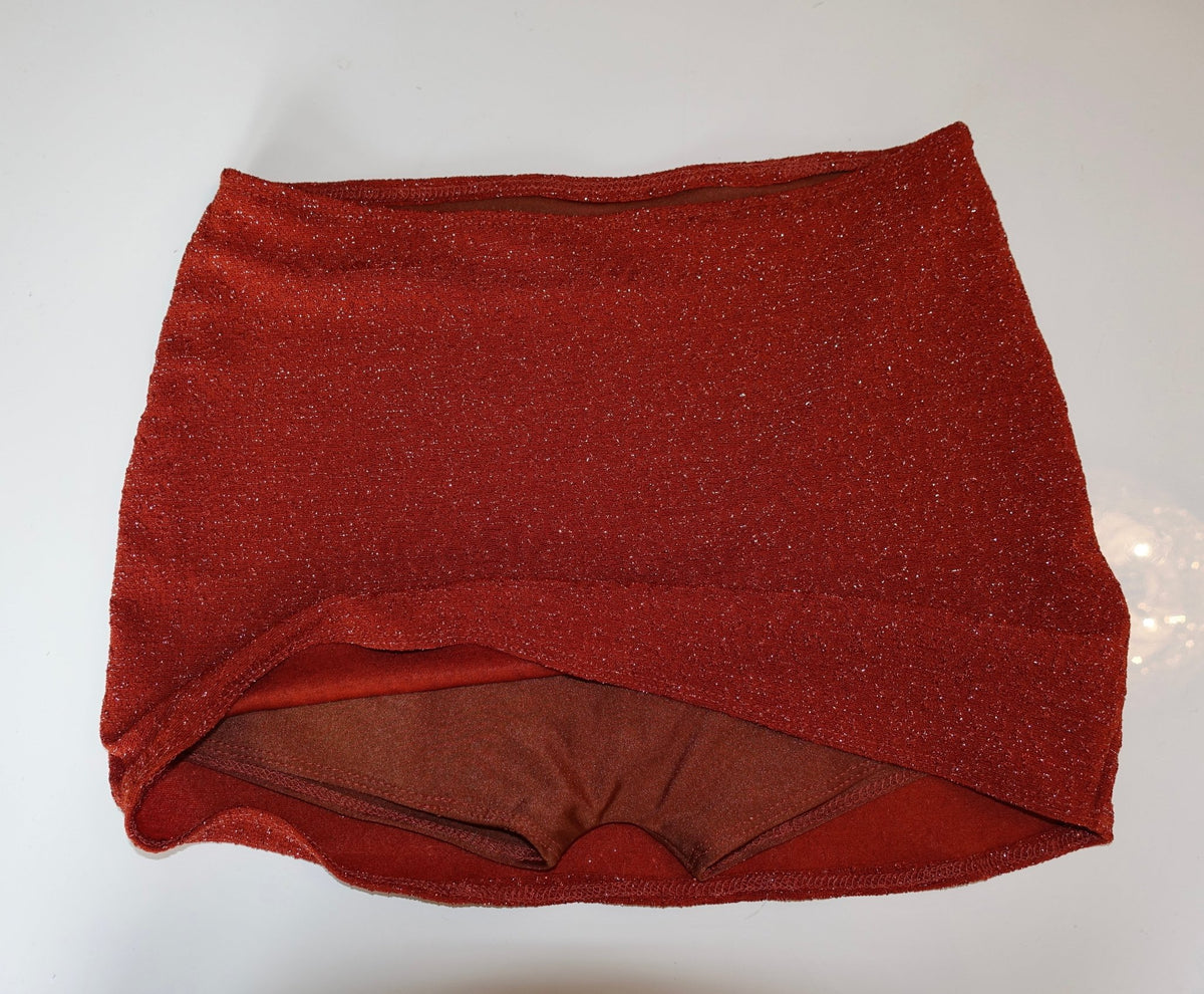 Handmade high-waisted red glitter bikini bottom, reversible swimwear on white background