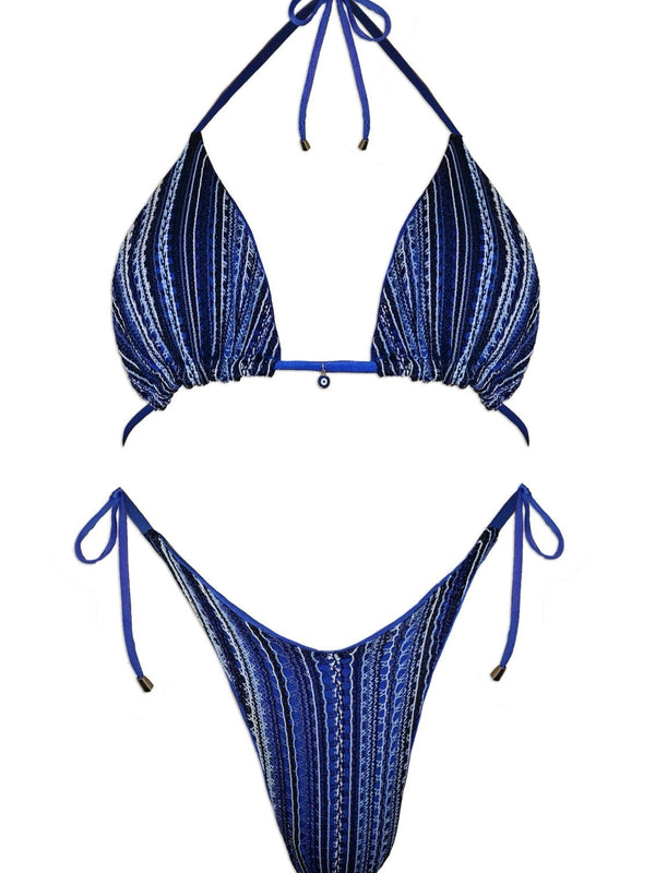 Blue handmade reversible bikini set with striped pattern and tie-up straps, laid flat