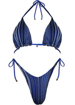Blue handmade reversible bikini set with striped pattern and tie-up straps, laid flat