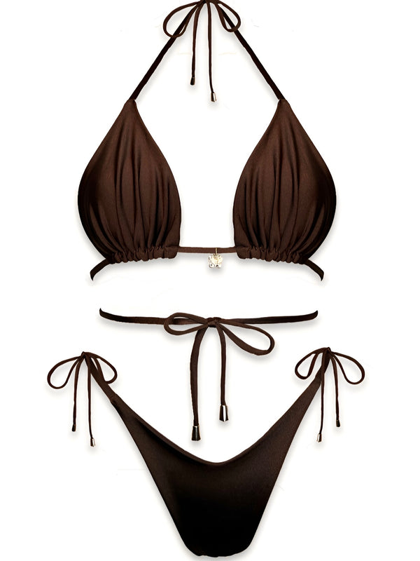 Brown handmade triangle bikini set with tie strings and small charm detail, flat lay.
