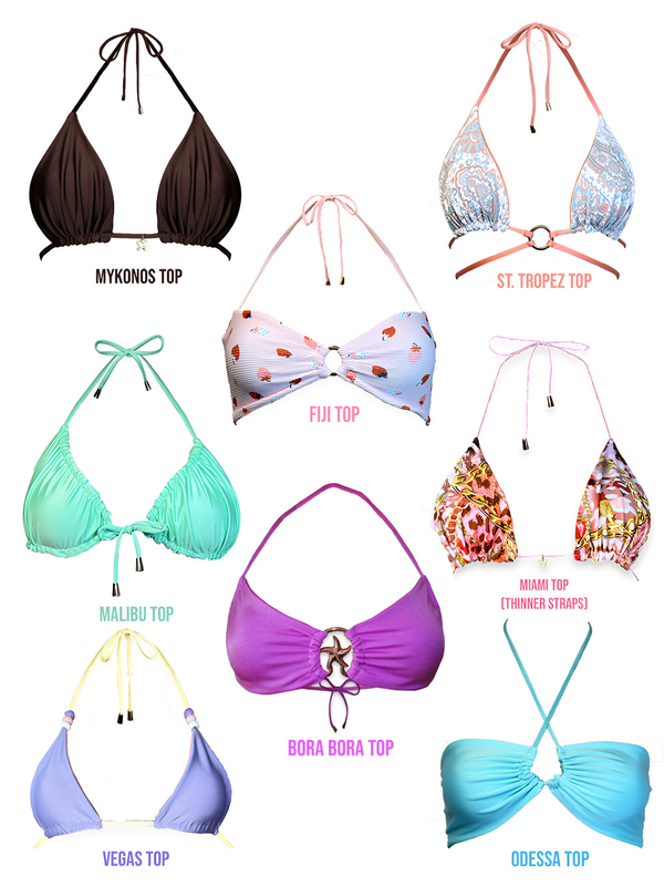 Assorted handmade bikini tops in various colors and styles on white background, labeled Mykonos, St. Tropez, Fiji, Miami, Malibu, Bora Bora, Vegas, and Odessa.