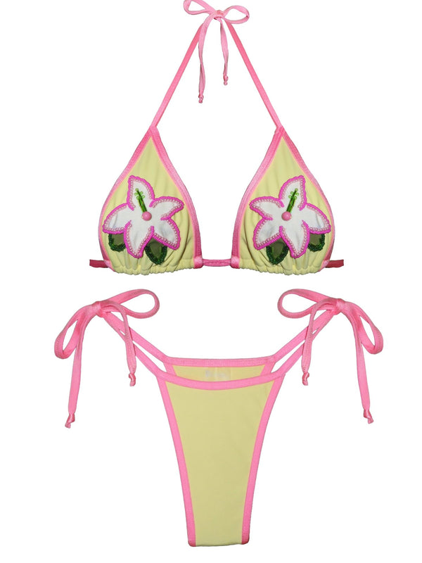 Yellow and pink handmade floral bikini set with tie sides and embroidered flower design