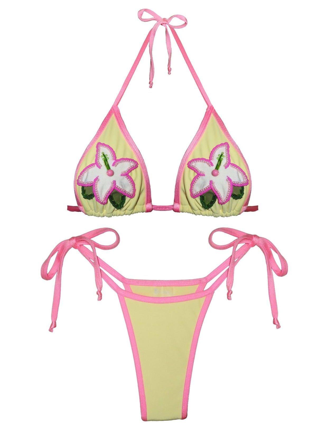 Yellow and pink handmade floral bikini set with tie sides and embroidered flower design