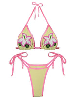 Yellow and pink handmade floral bikini set with tie sides and embroidered flower design
