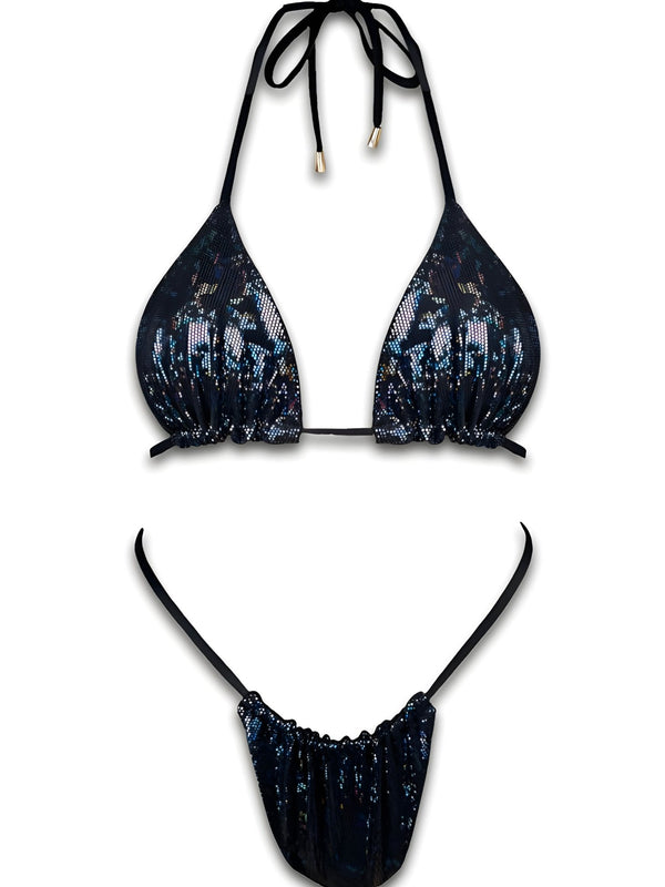 Black sequin triangle bikini set with adjustable ties, handmade swimwear on white background