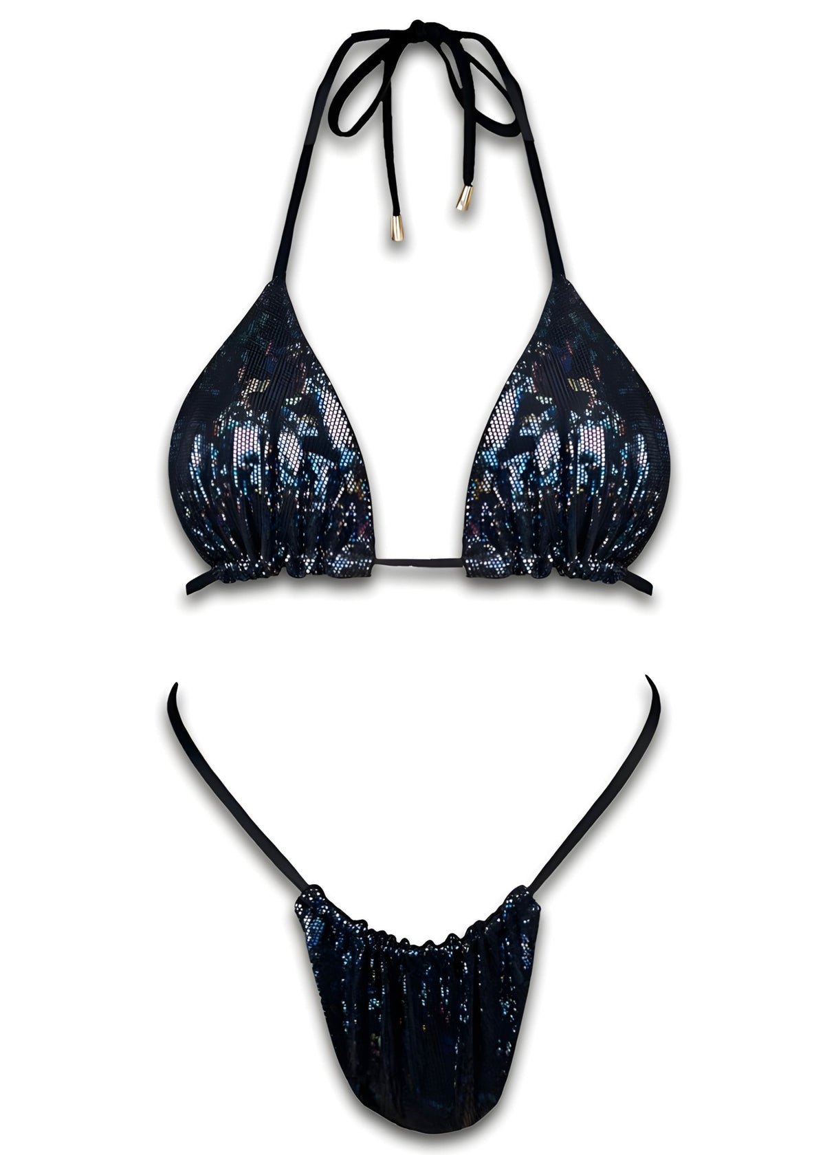 Black sequin triangle bikini set with adjustable ties, handmade swimwear on white background