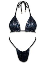 Black sequin triangle bikini set with adjustable ties, handmade swimwear on white background