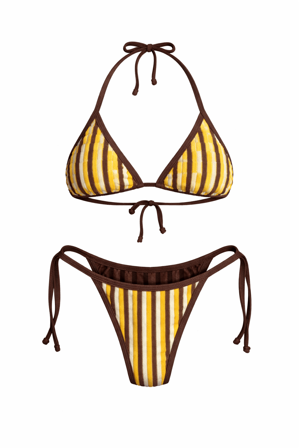 Handmade brown and yellow striped reversible bikini set with tie straps, on white background