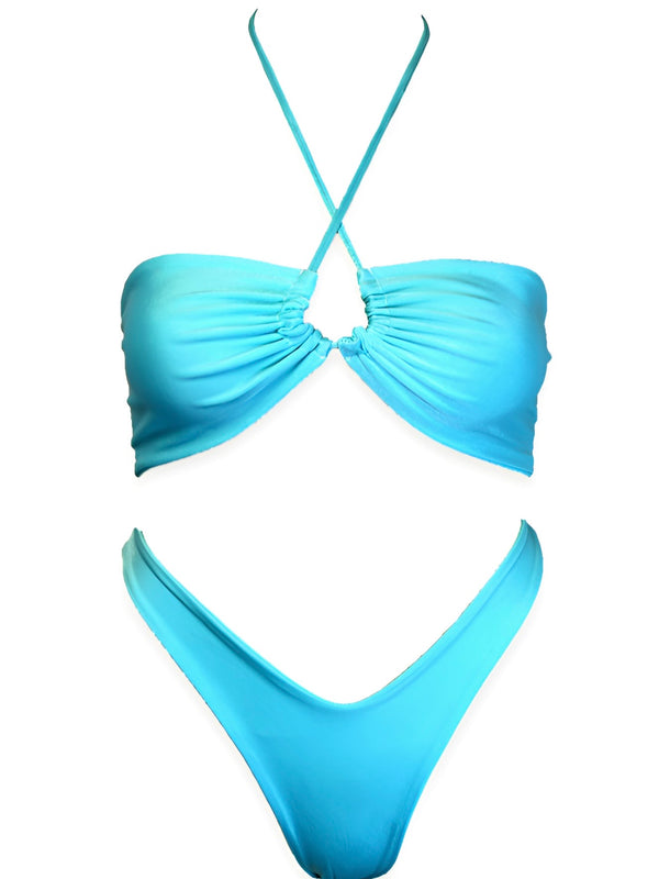 Light blue handmade reversible bikini set with ruched bandeau top and high-cut bottoms