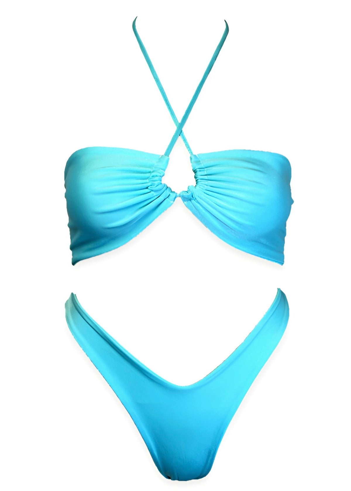 Light blue handmade reversible bikini set with ruched bandeau top and high-cut bottoms