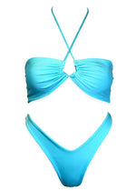 Light blue handmade reversible bikini set with ruched bandeau top and high-cut bottoms