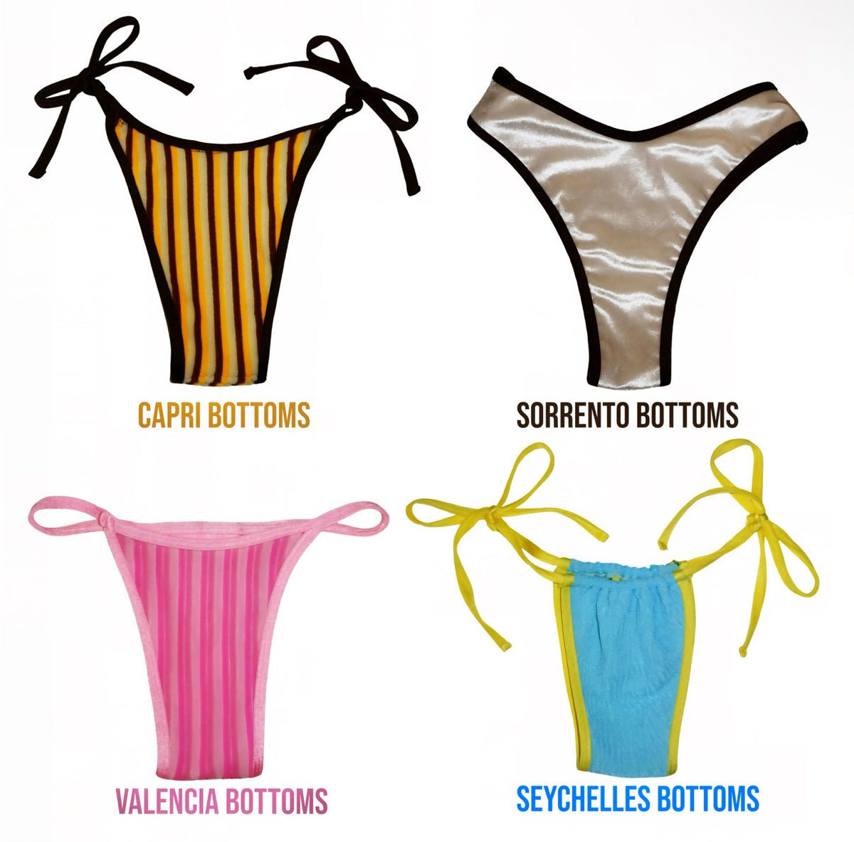 Four reversible bikini bottoms: yellow striped Capri, metallic Sorrento, pink Valencia, blue Seychelles.