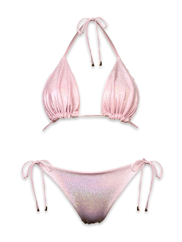 Shimmery light pink reversible bikini set with tie straps, handmade swimwear flat lay