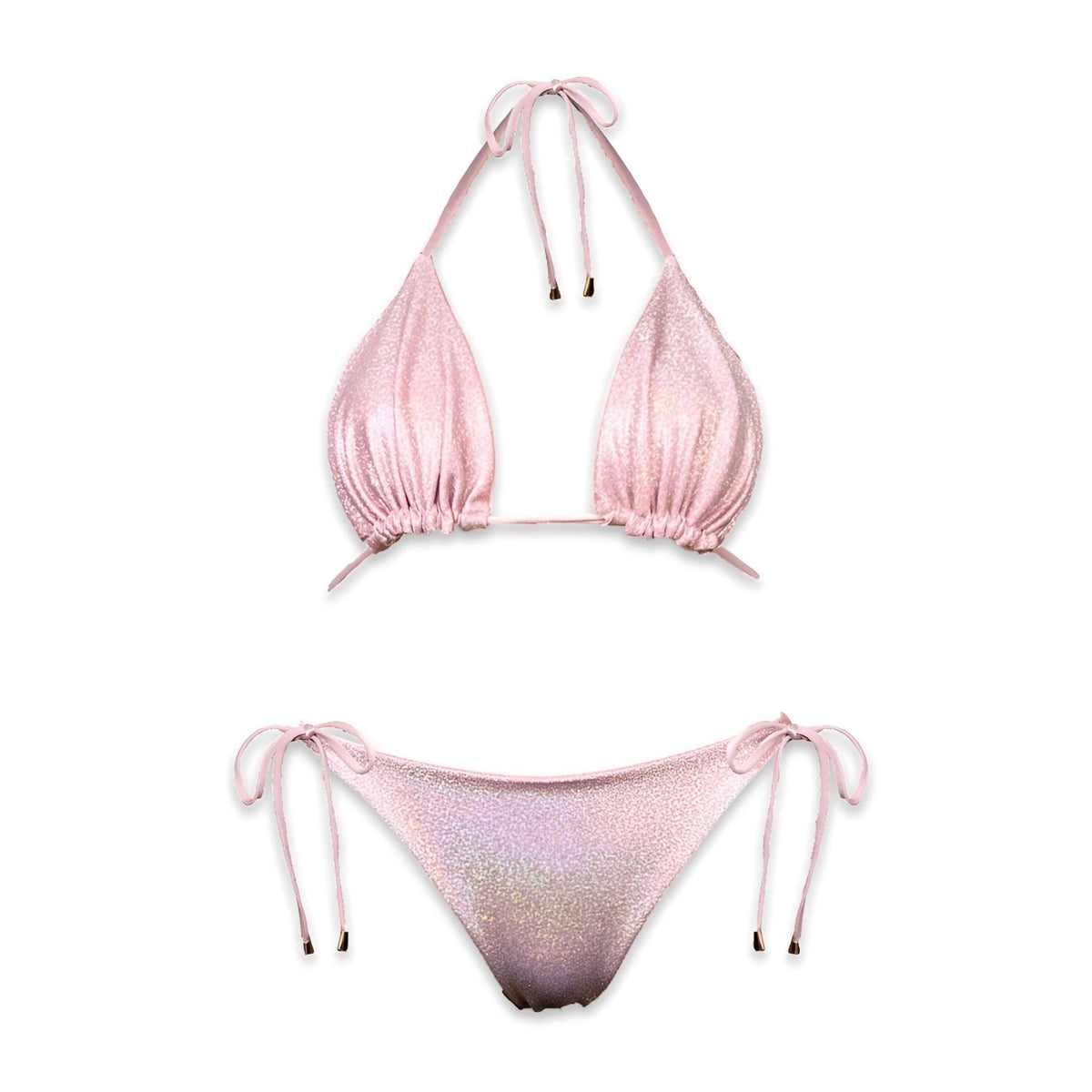 Shimmery light pink reversible bikini set with tie straps, handmade swimwear flat lay
