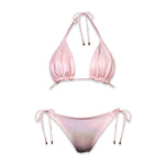 Shimmery light pink reversible bikini set with tie straps, handmade swimwear flat lay