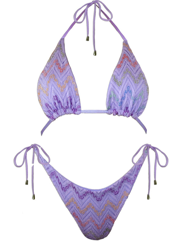 Lavender chevron reversible bikini set with adjustable string ties, handmade swimwear.