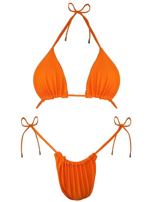 Bright orange handmade triangle bikini set with adjustable string ties, flat lay on white.