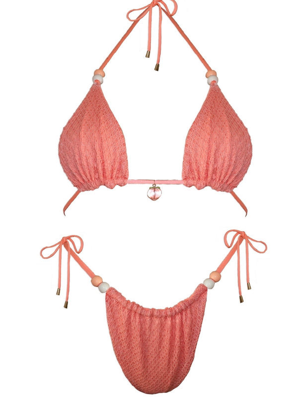 Handmade coral pink beaded bikini set with textured fabric and adjustable string ties.