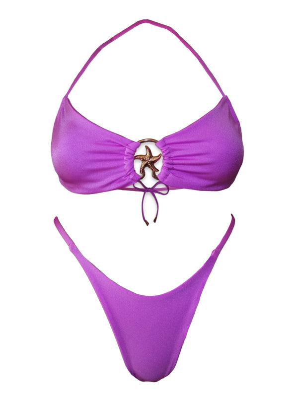 Purple bikini set with halter neck and starfish ring detail, handmade swimwear