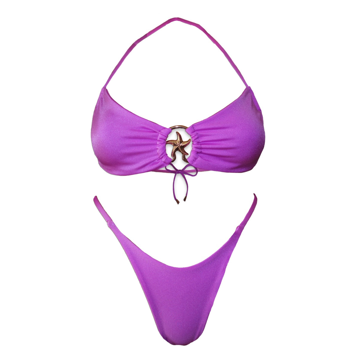 Purple bikini set with halter neck and starfish ring detail, handmade swimwear