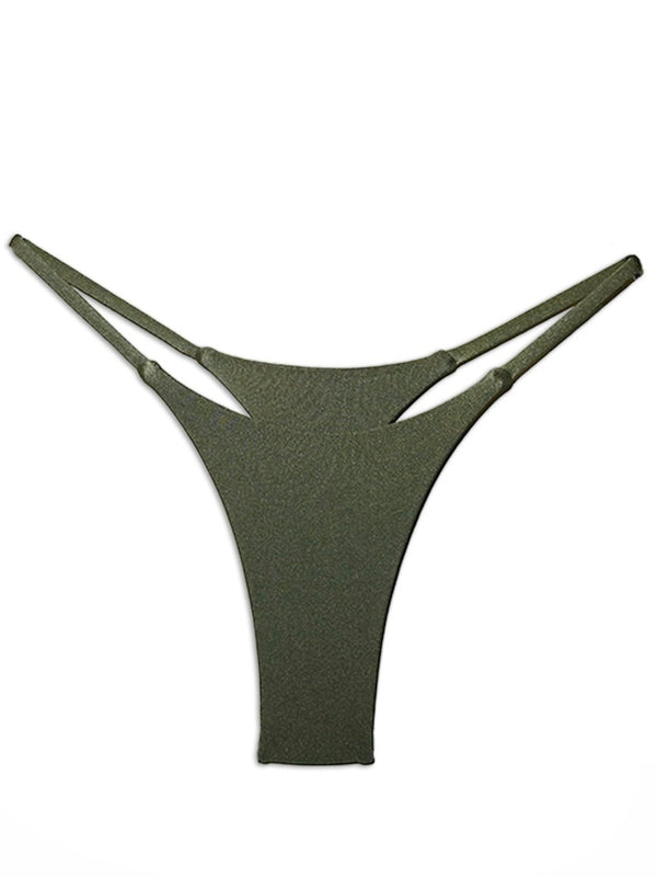 Olive green handmade bikini bottom with double side straps, minimalist swimwear design