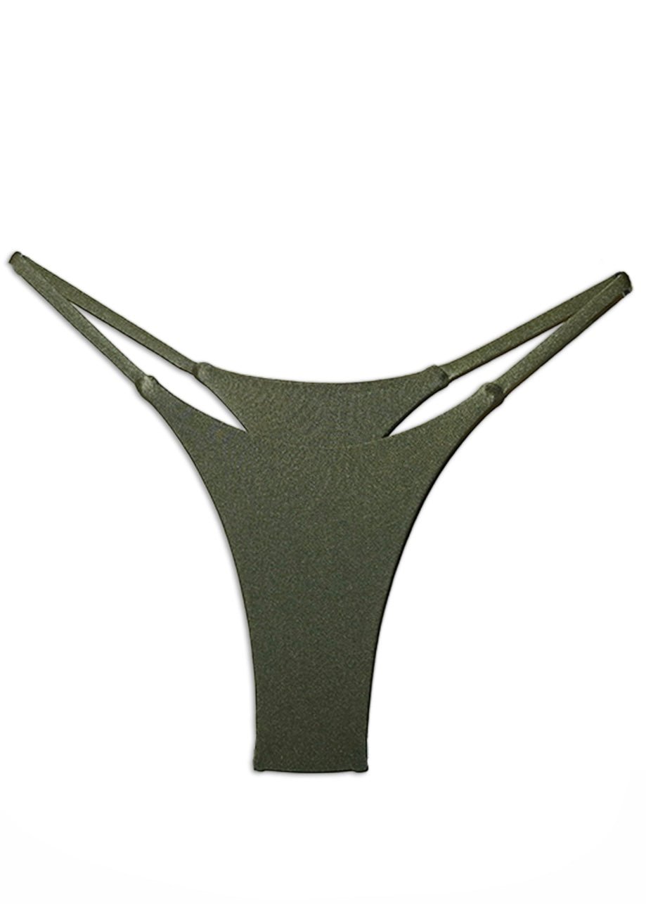 Olive green handmade bikini bottom with double side straps, minimalist swimwear design