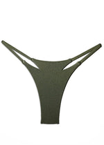 Olive green handmade bikini bottom with double side straps, minimalist swimwear design