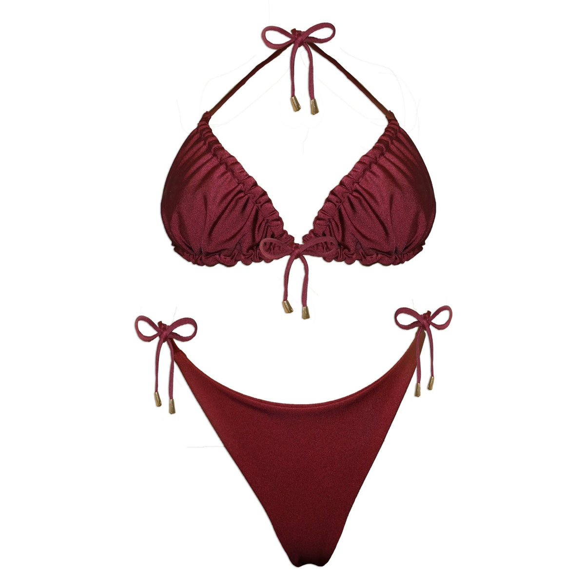 Handmade burgundy reversible bikini set with adjustable tie straps, sustainable swimwear