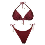 Handmade burgundy reversible bikini set with adjustable tie straps, sustainable swimwear