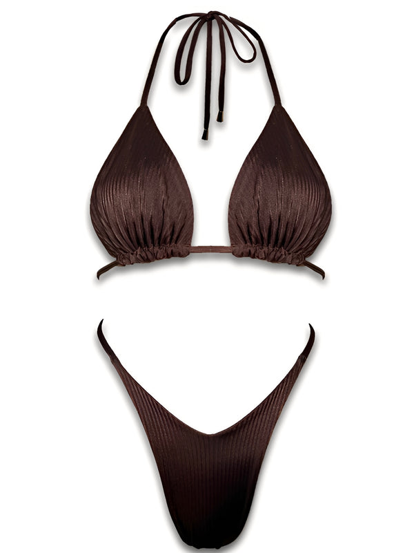 Brown ribbed bikini set with triangle top and high-cut bottoms on white background