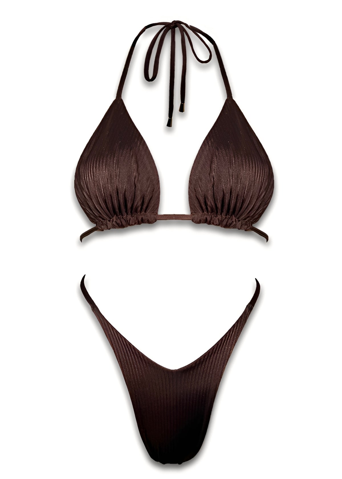 Brown ribbed bikini set with triangle top and high-cut bottoms on white background