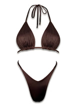 Brown ribbed bikini set with triangle top and high-cut bottoms on white background