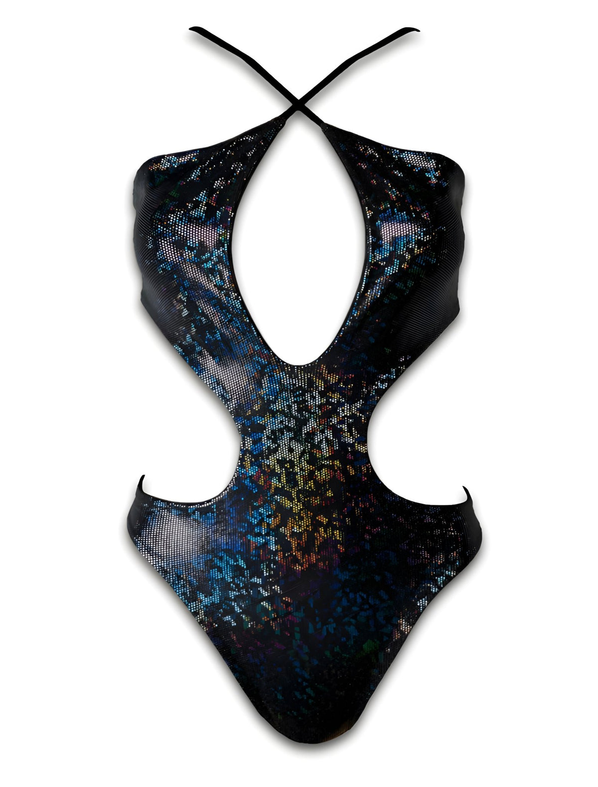 Black cutout one-piece swimsuit with iridescent holographic pattern, halter neck style