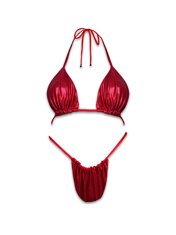 Shiny red handmade bikini set with triangle top and ruched micro bottom on white background