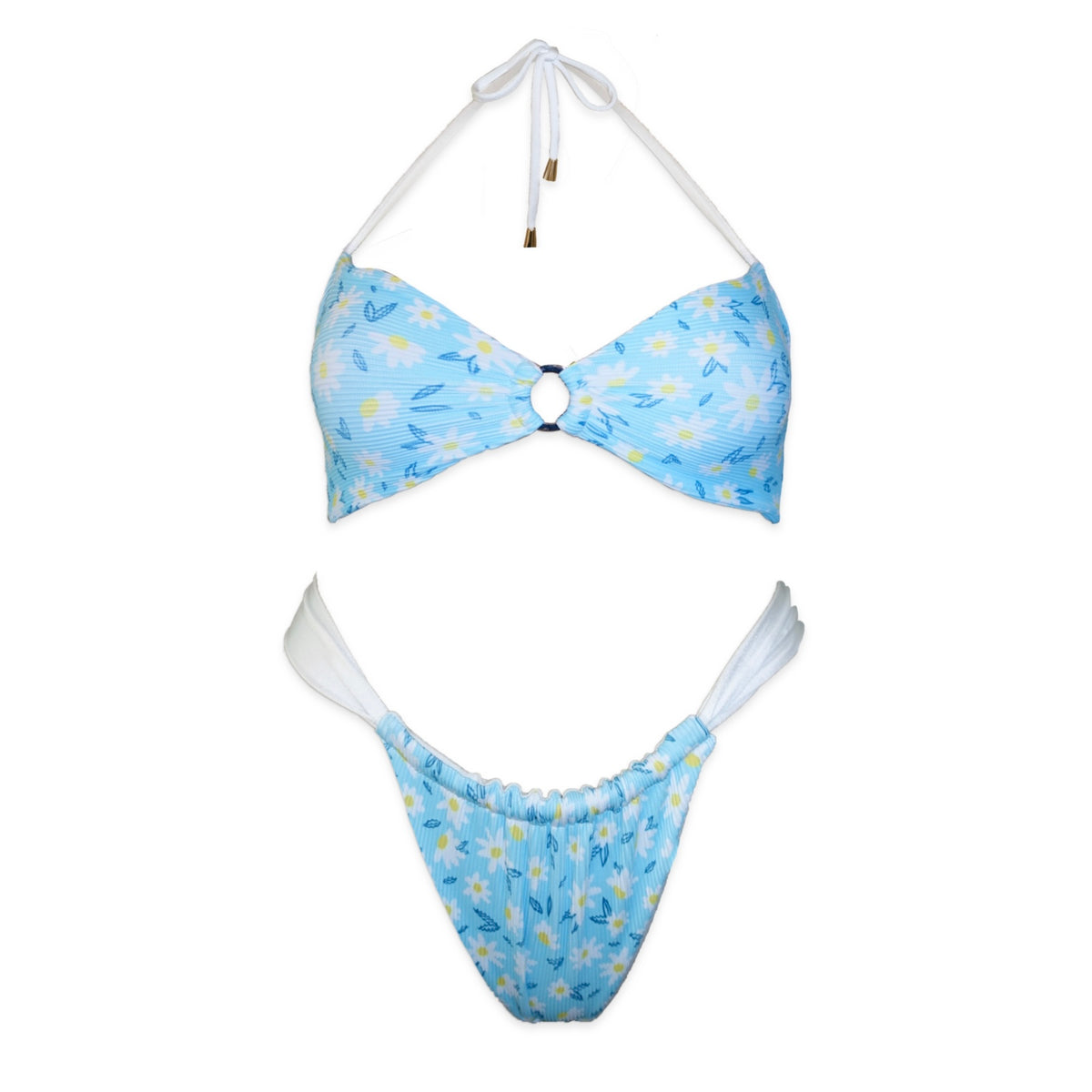 Blue floral reversible bikini set with white halter straps and ring detail, handmade swimwear