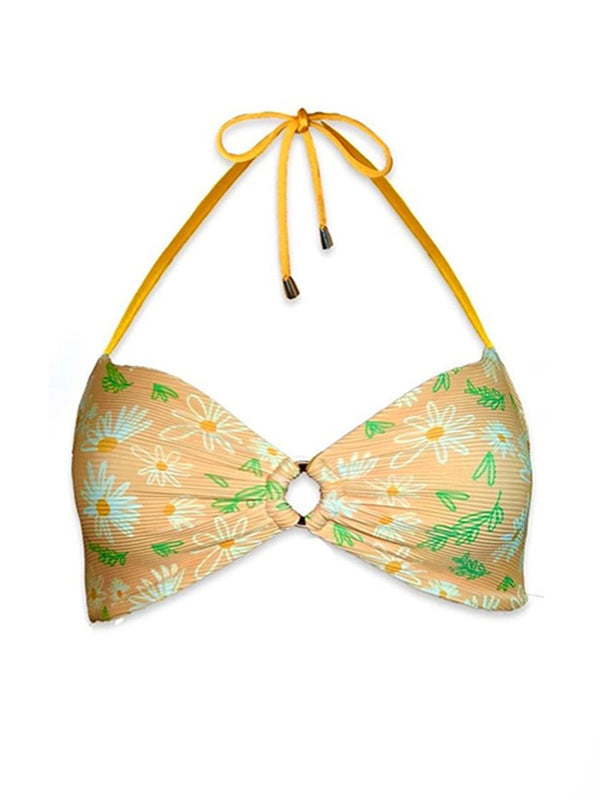 Yellow floral bikini top with halter neck and ring detail, handmade swimwear