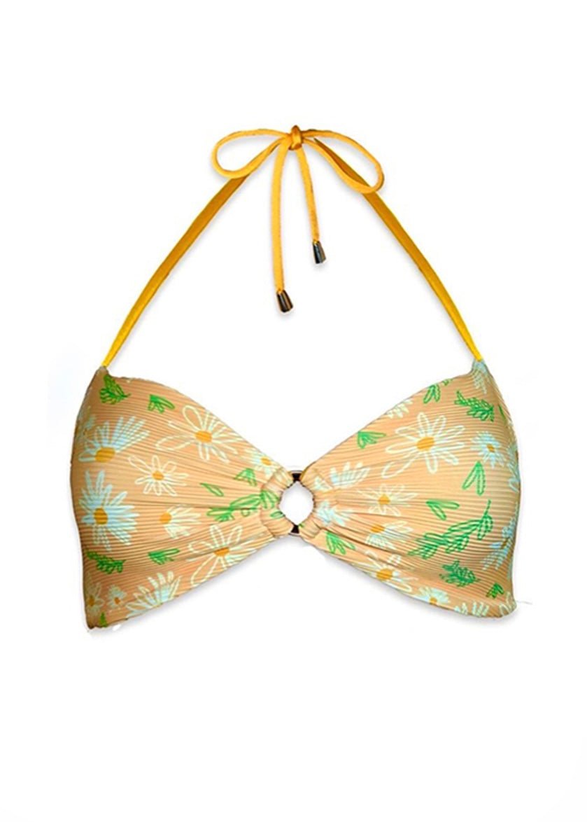 Yellow floral bikini top with halter neck and ring detail, handmade swimwear